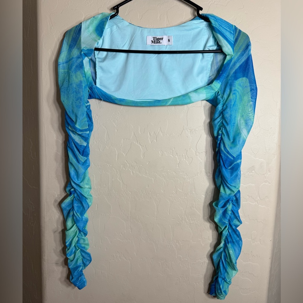 Tiger Mist Blue Green Ruched Mesh Bolero Shrug Long Sleeve Y2K Club Top S